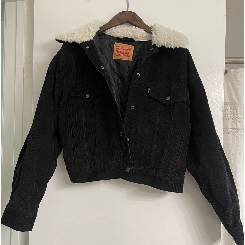 Levi’s black crop corduroy Sherpa trucker jacket